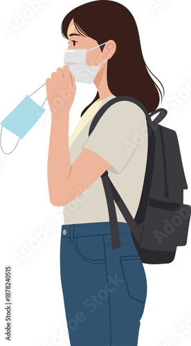 Young Woman Wearing Face Mask Holding Another Mask Casual Outfit Isolated