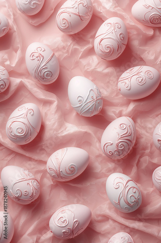 明るいピンクのベースにイースターエッグを散らした縦型パターン背景デザイン. 生成AI
