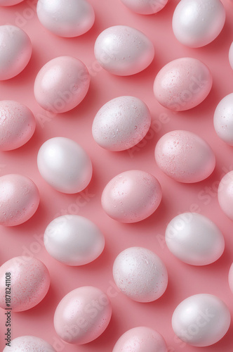 パステルピンク背景に白ピンクのたまご柄が並ぶ縦型の装飾パターン素材. 生成AI