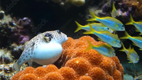 Pufferfish with vibrant coral and school of yellow fish in aquarium, underwater sea life.