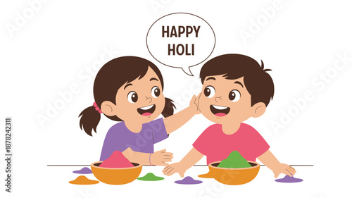 Two cheerful children happily celebrating the Holi festival by applying colorful powder on each other