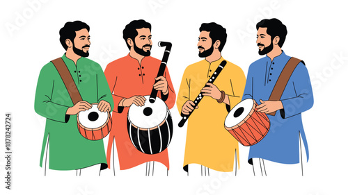 Four Indian men with beards play various traditional musical instruments, creating melodious sounds
