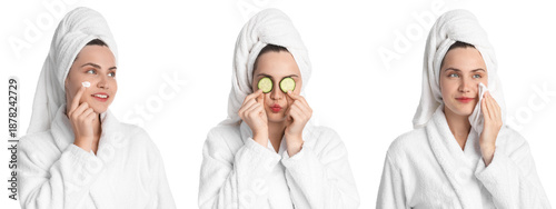 Canvas Print Beautiful woman in bathrobe and towel on her head, white background
