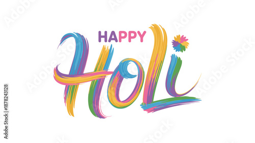 Joyful Happy Holi text created with vibrant colorful brush strokes and a decorative flower detail