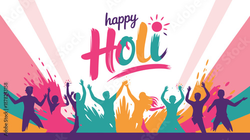Joyful Happy Holi festival banner featuring dancing people silhouettes amidst vibrant paint splashes and a sun