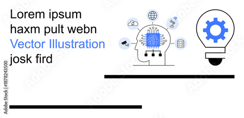 Artificial intelligence, innovation, technology, automation, creativity, software development. ion of a circuit brain, tech icons and gear light bulb. Artificial intelligence and innovation concept