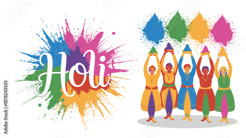 Lively Holi festival illustration showing men holding colorful gulal powders and paint splashes