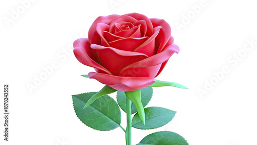 Single Red Rose with Green Leaves