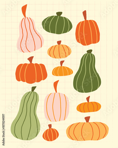 Autumn Pumpkins and Gourds Vector Set. Hand Drawn Harvest Vegetables Illustration on Green Background.