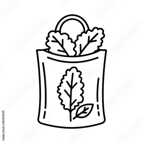 Shopping bag with fresh leaves simple line art illustration