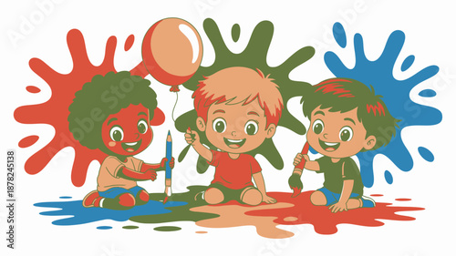 Three joyful children playing with colorful paint splashes while holding art tools and a red balloon