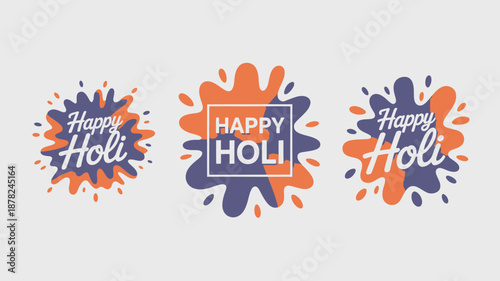 Three festive Happy Holi greetings feature vibrant purple and orange paint splashes on a light background