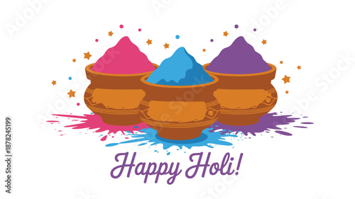 Three traditional earthen pots brimming with pink blue and purple Holi powder against a cheerful white background