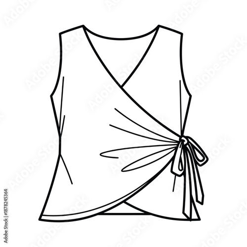 Simple black and white line drawing of a sleeveless shirt with a wrap design and a bow on the side