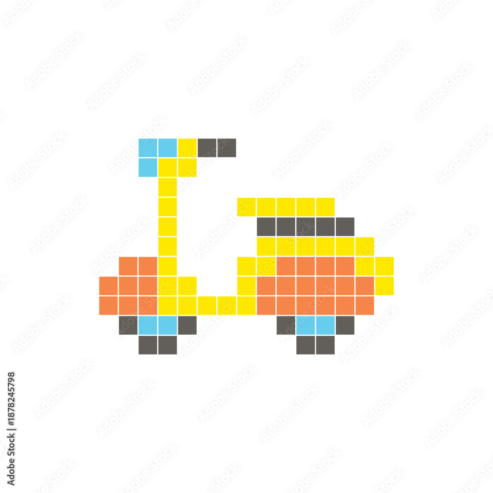 Fototapeta premium A flat pixel design made of geometric square color blocks on a clean icon layout. Pixel art scooter