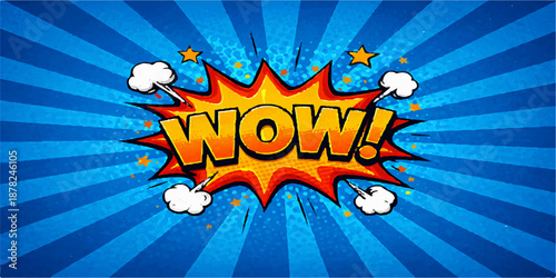 A vibrant pop art comic book explosion vector illustration featuring a hero burst with wow and bang text labels on a creative poster design for a business sale sign