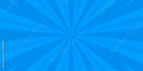 A vibrant blue abstract background features a bright sunburst vector illustration with glowing light rays and starburst beams exploding across a summer sky design