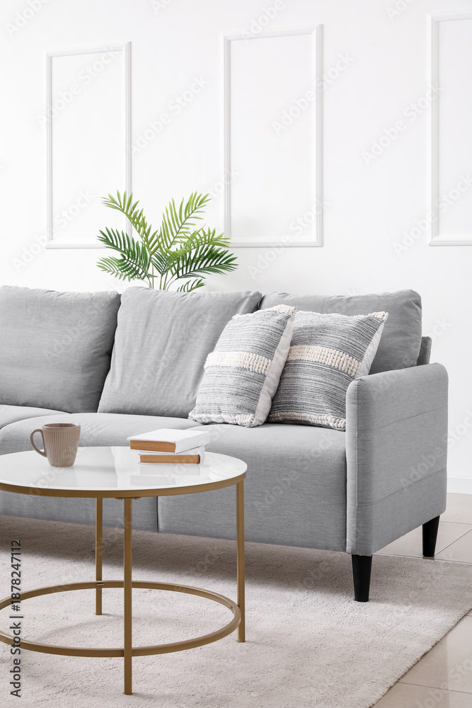 Fototapeta premium Interior of light living room with grey sofa and coffee table