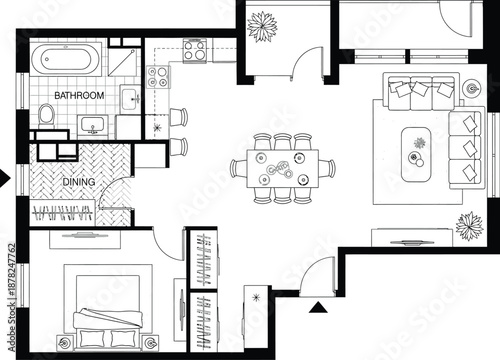 Modern house interior floor plan design showing kitchen, dining area, bathroom, and master bedroom layout in 2D.