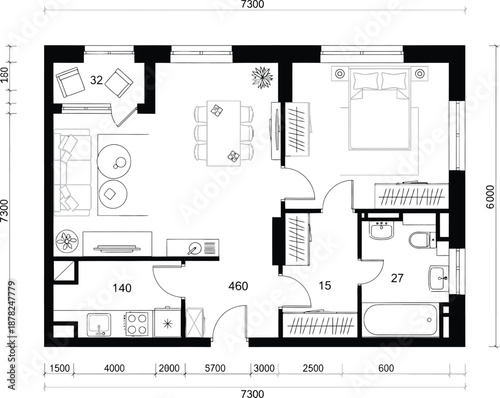 Top view 2D architectural blueprint of a compact apartment layout featuring dimensions and furniture placement.