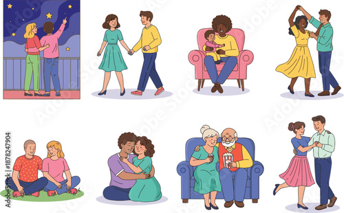 Set of flat character illustrations featuring diverse people in romantic relationships and family moments.