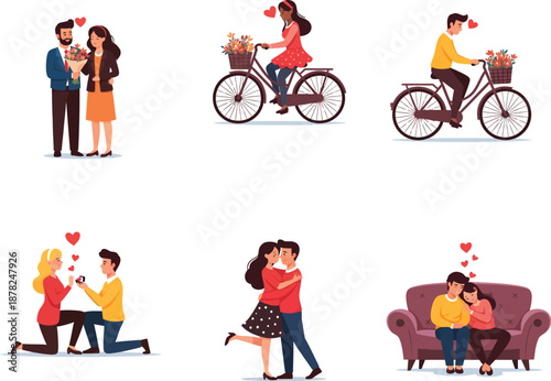 Romantic relationship icons and illustrations featuring a marriage proposal, bike riding, and shared moments.