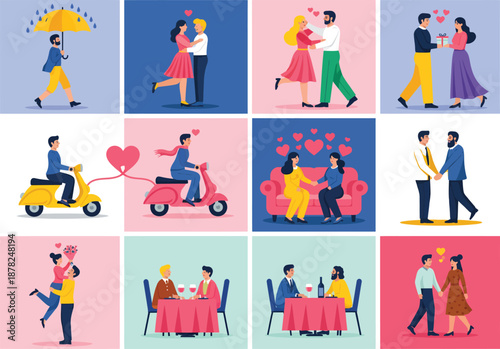 Vibrant Romantic Relationship Illustrations with Diverse Couples in Love and Everyday Life
