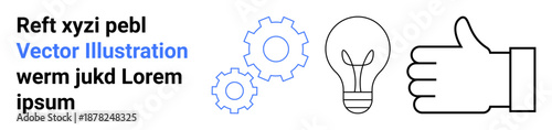 Innovation, teamwork, positive feedback, creativity, progress, problem-solving. Two gears, a lightbulb and a thumbs up icon. Innovation and teamwork demonstrated through iconic symbols