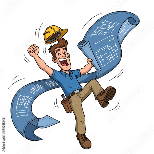 Enthusiastic Architect Jumping for Joy with Building Blueprints