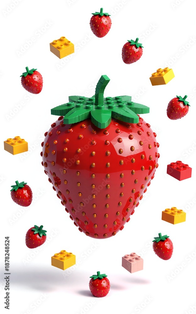 Fototapeta premium strawberries in red, green and purple hues, detailed textures, playful fruit design.
