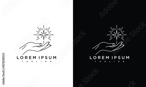 A hand holding a star, minimalist logo design on contrasting backgrounds, vector illustration, modern style