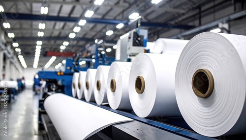 Large white rolls of material on conveyor belt in a modern industrial factory production line