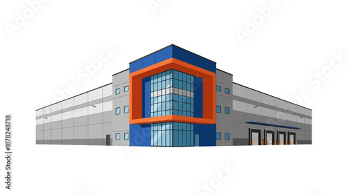 Contemporary industrial warehouse building illustration showcasing modern architecture with a distinctive blue and orange facade, ideal for logistics, distribution, and commercial business concepts