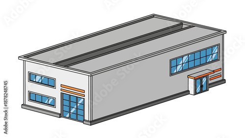 Isometric illustration of a modern industrial building. Features a clean design with large windows and entrance doors, suitable for depicting a factory, warehouse, or commercial facility