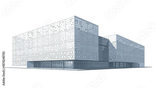 Sleek contemporary building illustration showcasing innovative geometric facade and urban design. Modern architecture concept art