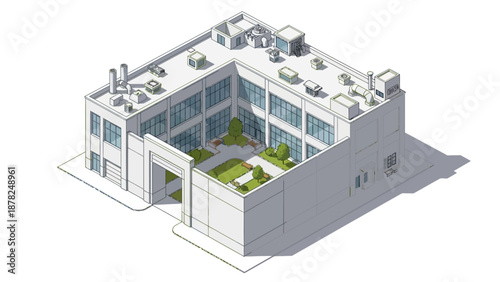 Modern L-shaped office building with green courtyard. Isometric architectural illustration for urban development and sustainable business concepts