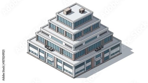 Isometric illustration of a sleek, multi-story business complex featuring a unique stepped architectural design, representing modern urban development and corporate growth