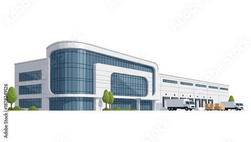 Modern logistics hub for efficient global supply chain operations, featuring advanced warehouse infrastructure with multiple loading docks and delivery trucks for seamless distribution