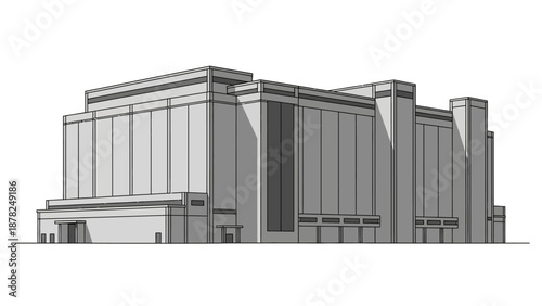 Dynamic grayscale illustration of a prominent modern architectural building, highlighting its imposing structure and sophisticated contemporary design