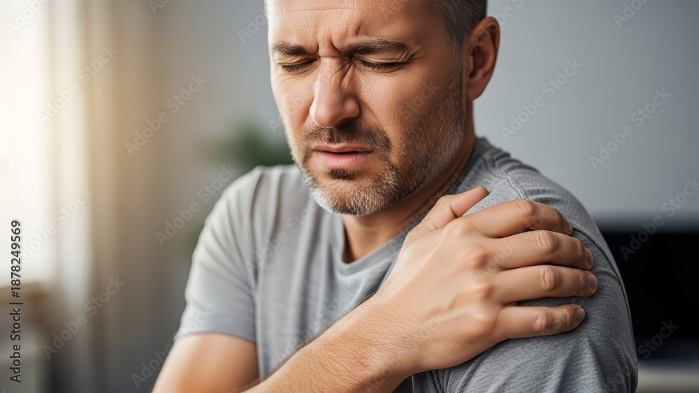 Obraz premium Middle-Aged Man Grimacing in Pain While Holding His Sore Shoulder at Home