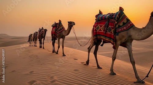 Caravan of Decorated Camels in Desert at Sunrise – Indian Culture and Tradition