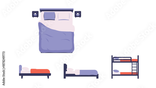 Variety of bed designs including a double bed from a top view and single beds plus a bunk bed for bedroom furniture catalog illustrations.