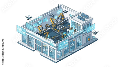 Isometric illustration of a smart factory with robotic arms, drones, and digital interfaces, representing advanced automation and Industry 4.0.