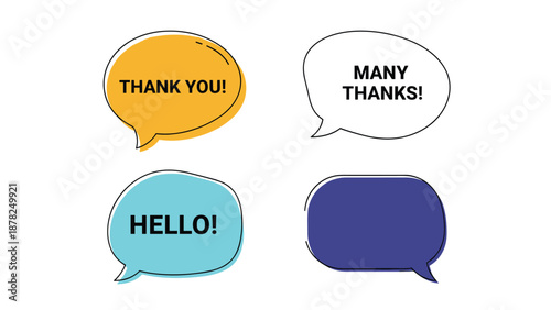 Set of colorful speech bubble stickers with polite greetings including thank you, hello, and many thanks in a playful cartoon design style.