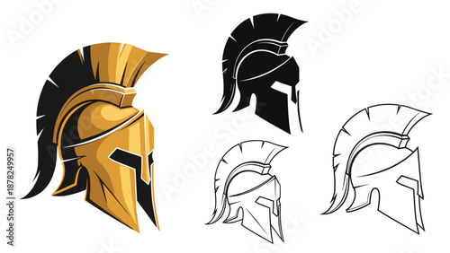 Spartan warrior helmet illustration set including a detailed gold version and multiple silhouettes or line art outlines for logo design use.