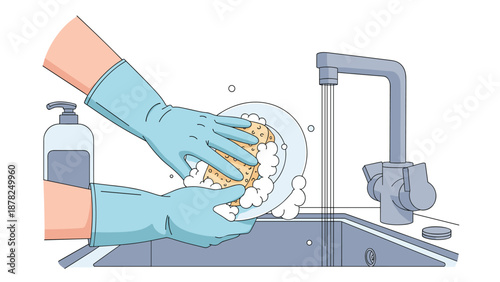 Household cleaning illustration showing hands in blue rubber gloves using a sponge to wash a plate under a running kitchen tap.