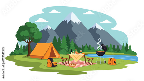 Scenic mountain camping landscape illustration featuring an orange tent, picnic table, and barbecue grill beside a peaceful blue river.