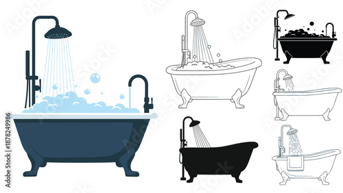 Bathroom fixtures collection featuring stylized bathtub and shower icons in full color, black silhouette, and simple line art designs.