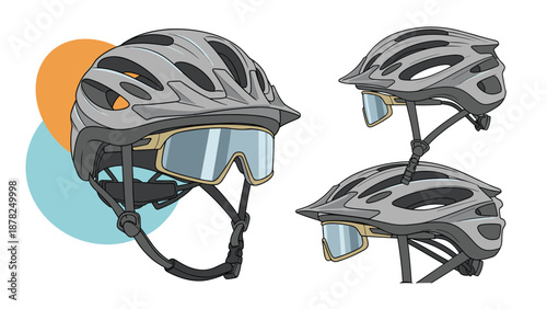 Modern bicycle helmet design featuring integrated goggles shown in multiple angles for cycling safety and sports equipment display.