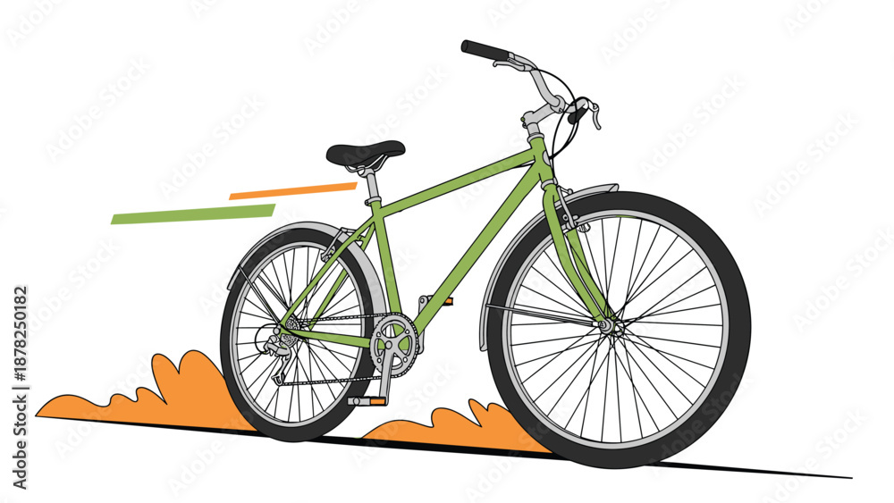 Fototapeta premium Green city bicycle shown moving quickly with stylized orange dust or speed lines behind it on a white background.